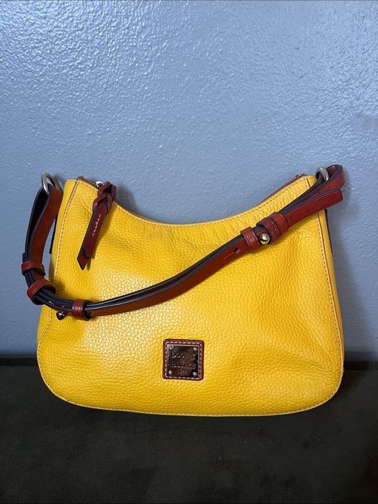Dooney & Bourke Handbags - Dooney & Bourke Yellow Pebbled Leather Shoulder Bag with Brown Trim